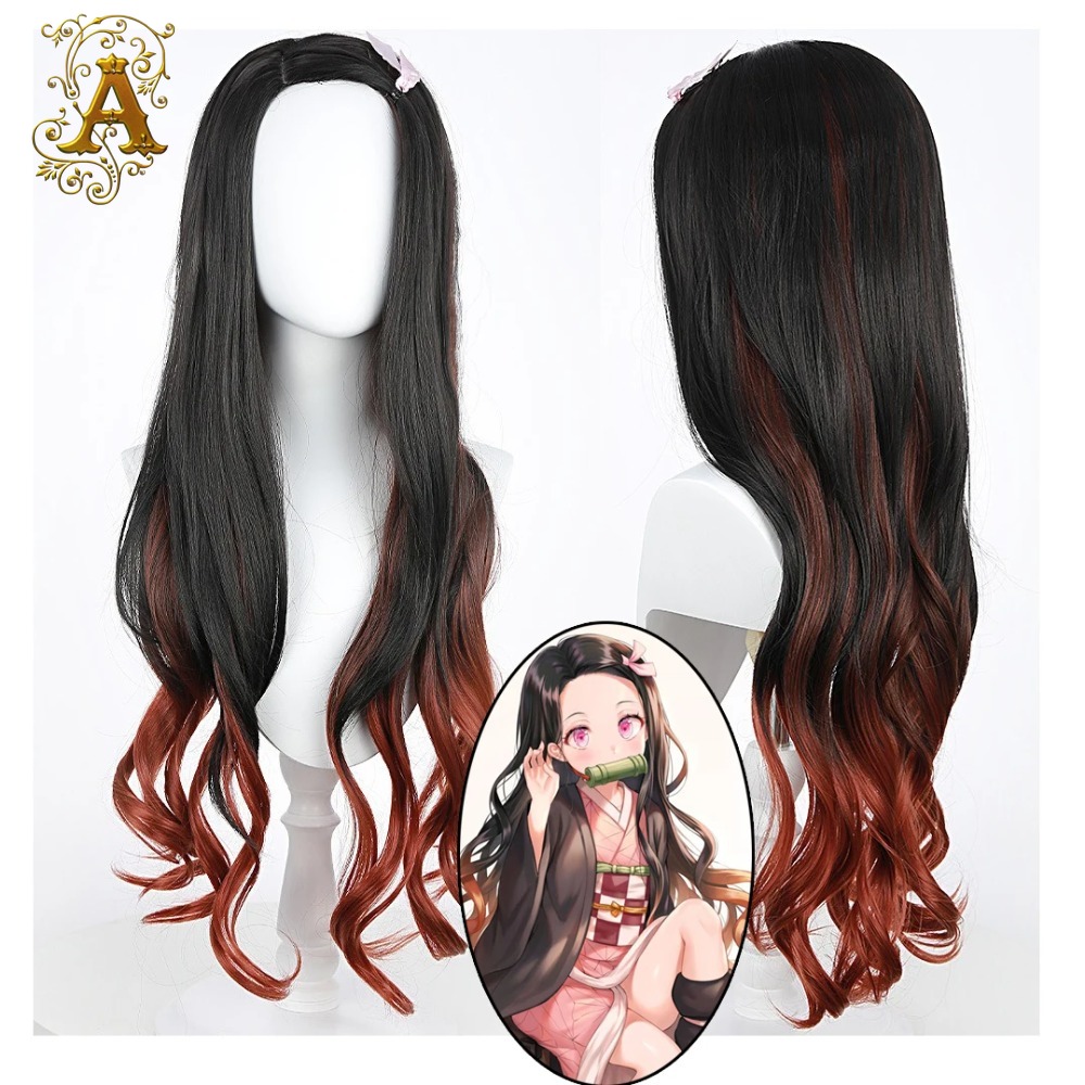 Cosplay Anime Black Hair - Black Dark Red Gradient Color Curly